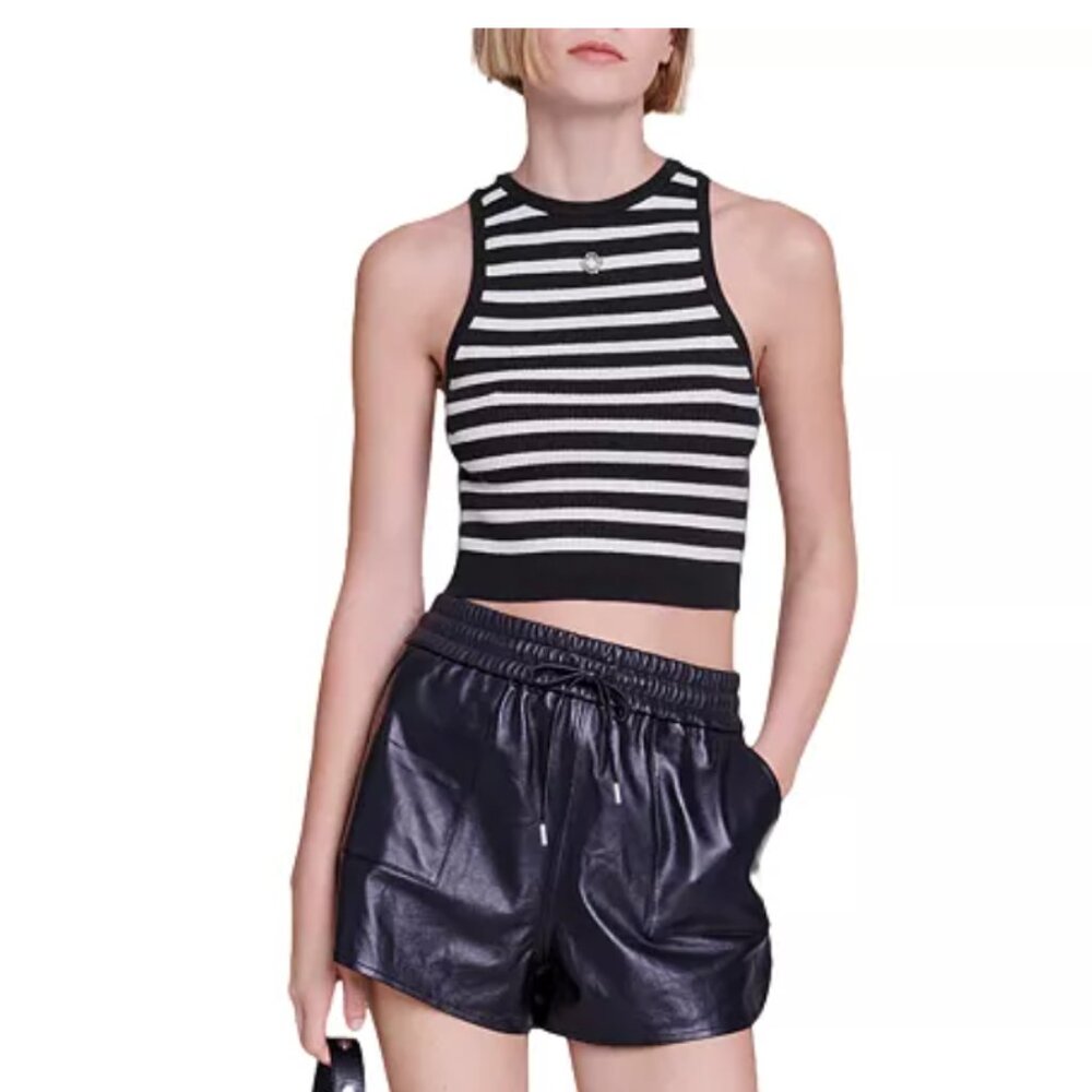 Maje Marinelia Racerback Crop Top (Black & White, Size 1)